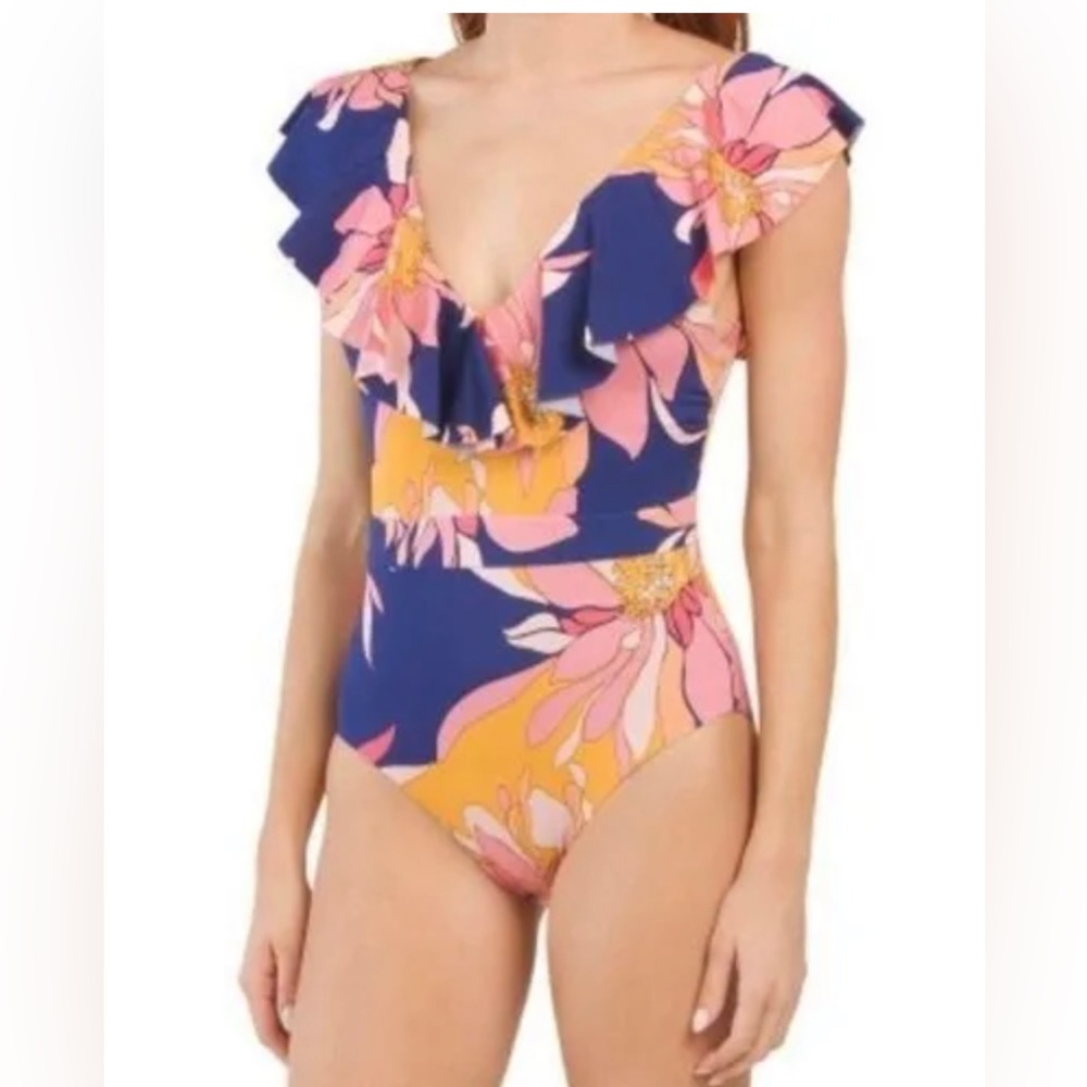 NWT Trina Turk Floral One Piece Swimsuit Ruffles Size 6